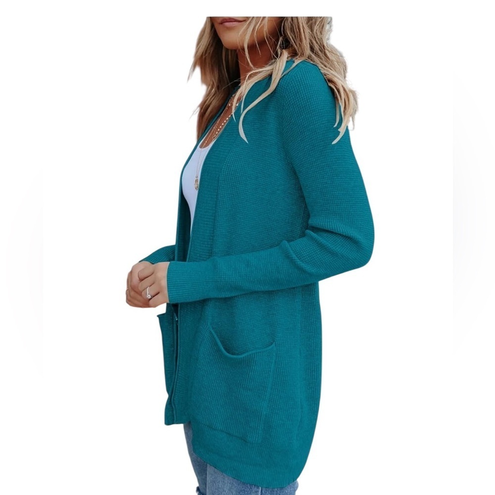 MEROKEETY Cardigan – M, Teal Open front knit cardigan with pockets. - Picture 2 of 8